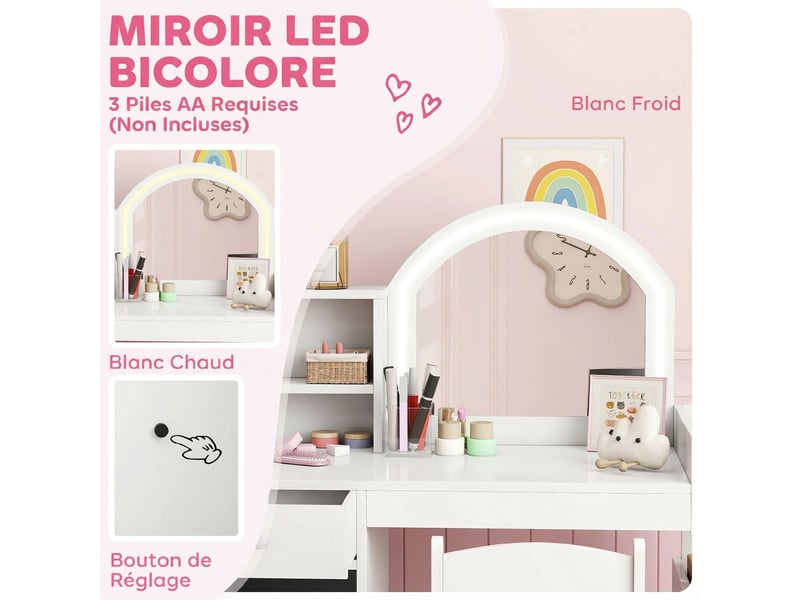  Coiffeuse pour enfants avec tabouret et miroir led, 88,6 x 38,8 x 96,9 cm, table de maquillage pour 3 à 8 ans, blanc  - Conforama E