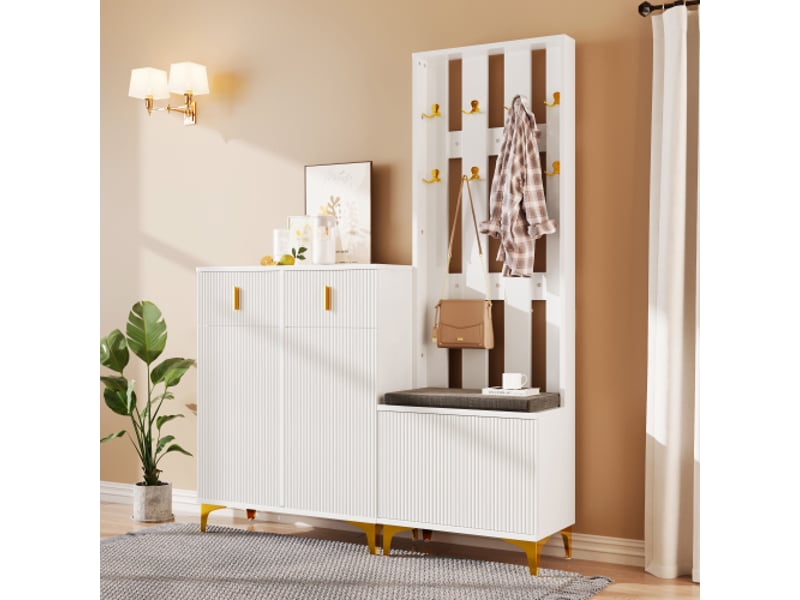 Ensemble dressing avec banc et coussins – façade avec crochets – meuble à chaussures avec tiroirs et portes - Conforama D