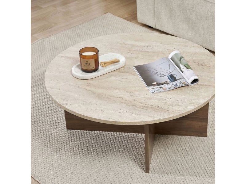 Table basse ronde effet marbre et bois soleil - Conforama C