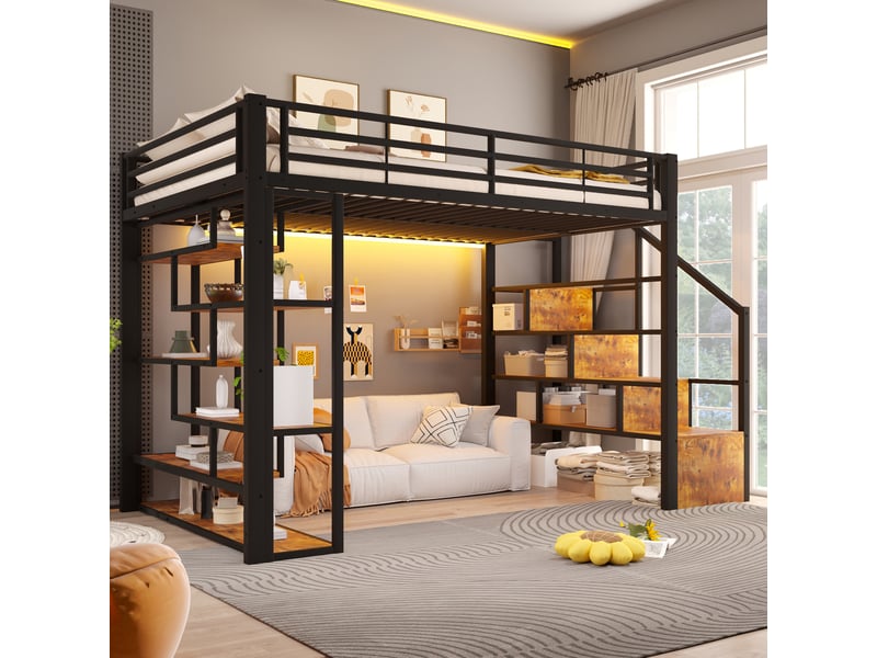  Lit mezzanine enfant 140x200cm avec espace libre sous le lit - avec led, étagère, marches intégrées et barrière de sécurité, métal noir evarich - Conforama E