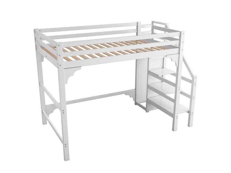 Lit mezzanine blanc 140x200 cm, escalier, armoire et rangements intégrés - Conforama D