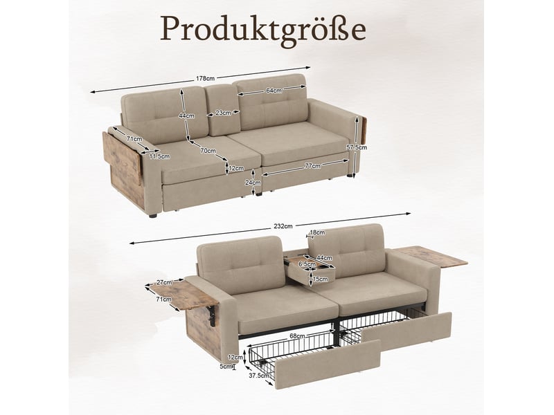  Canapé droit 2 places avec tables rabattables, rangement sous assise et porte-gobelets en chenille kaki  - Conforama E
