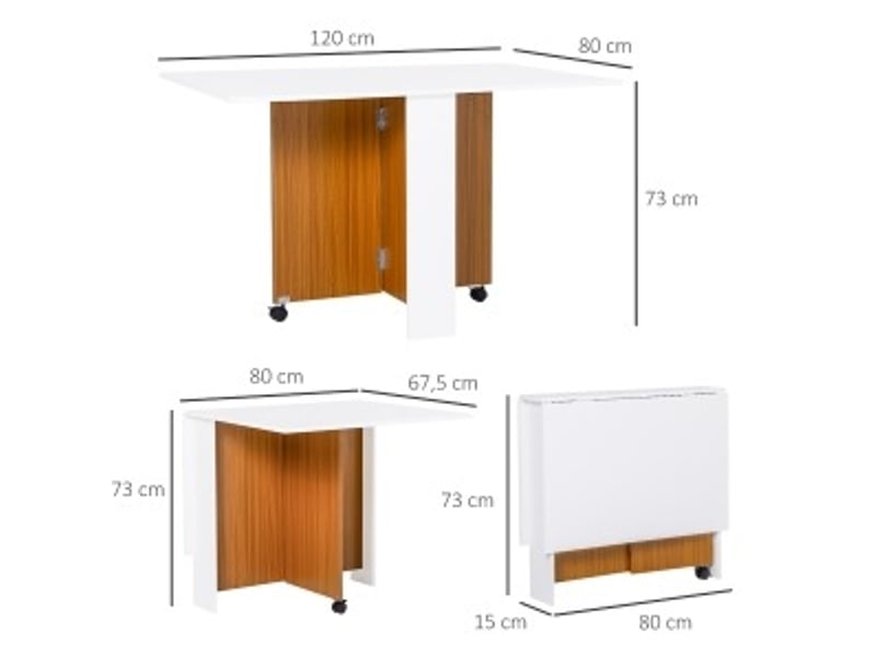  Table de salle à manger pliante avec plateau rabattable et roulettes, en contreplaqué blanc et chêne, 120 × 80 × 73 cm  - Conforama C
