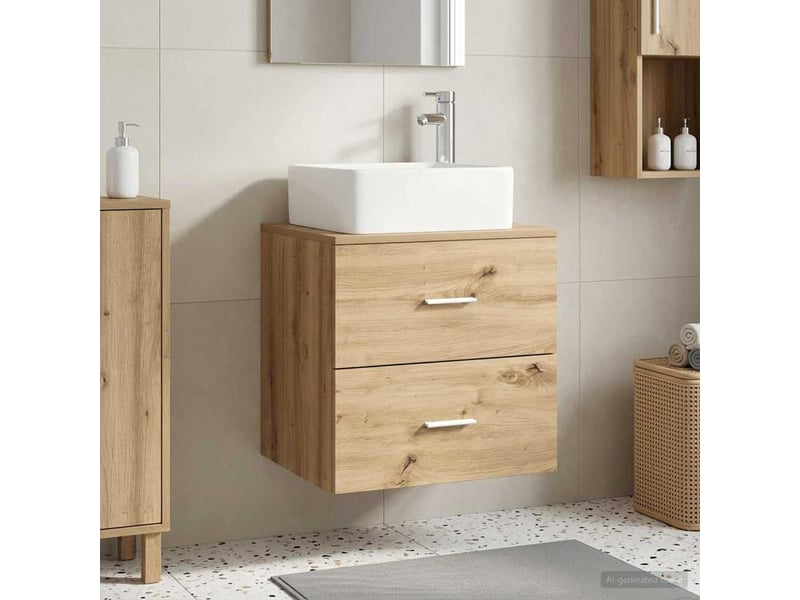  Vanité de lavabo mural, meuble de rangement chêne artisanal 53x34.5x63 cm  - Conforama B