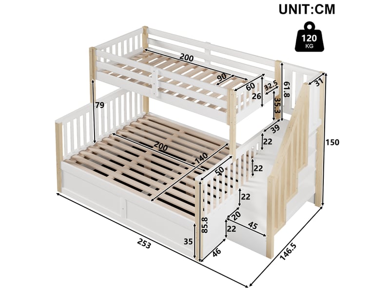  Lit superposé 90x200 et 140x200 cm avec rangements hydrauliques, blanc et naturel  - Conforama E