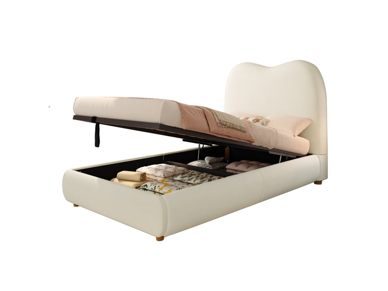  Lit coffre enfant simple 90×200 cm, rangement relevable et tête de lit rembourrée - okmyhome- velours beige, sans matelas  - Conforama A