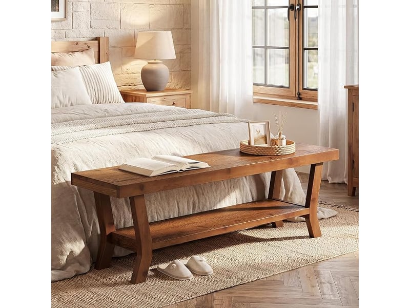  Banc en bois massif de 140 cm de long, banc d'entrée avec étagère à chaussures, banc de style campagnard pour couloir, chambre, dressing, marron  - Conforama E