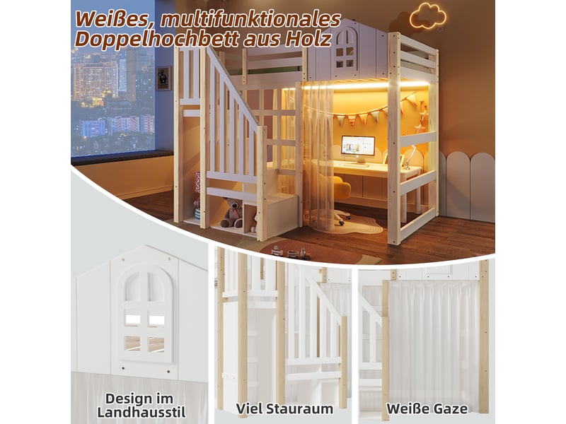  Superbe lit mezzanine blanc et naturel 90x200, lit cabane avec éclairage led et escalier de rangement intégré pour enfant.  - Conforama D