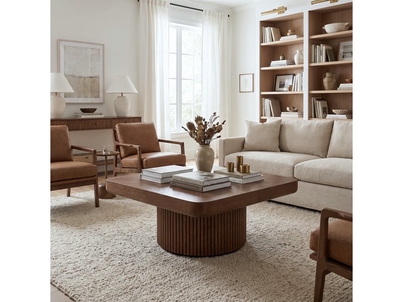 Table basse carrée à plateau façon parquet et pied central teinte noyer 78 × 78 × 38 cm IKSETERA TRADING LTD - Conforama R