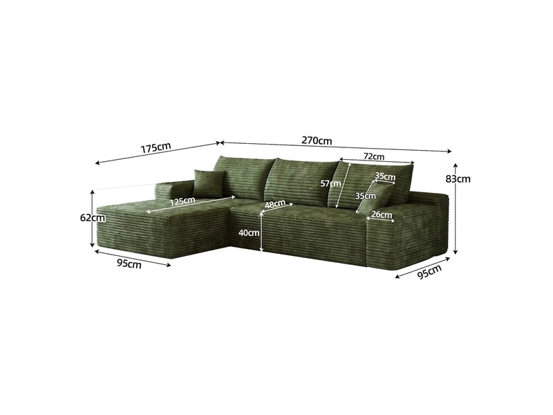  Canapé d'angle modulable vert 3 places avec méridienne en l - 270 cm velours côtelé sans montage  - Conforama C