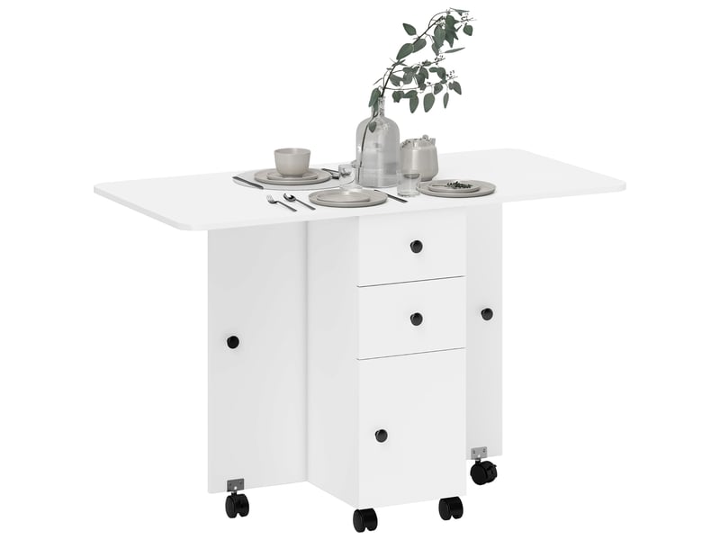  Table pliante à roulettes avec abattants, table d'appoint multifonctionnelle avec rangement, 120 x 60 x 76,5 cm, blanche  - Conforama A