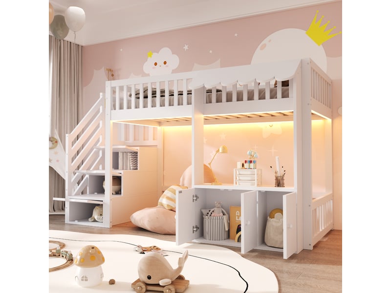 Lit superposé en bois massif et mdf blanc 90 x 200 cm - Conforama E