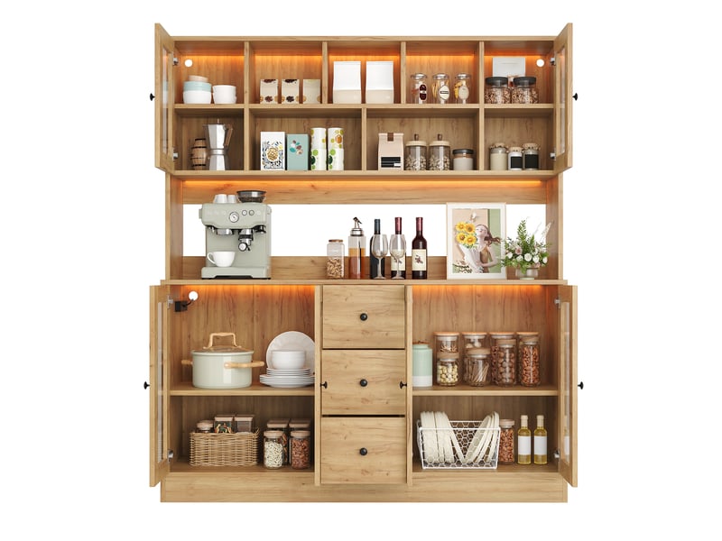  Buffet haut de cuisine 150x40x173 cm avec led rgb, 2 prises et 2 usb, 6 portes en acrylique, 3 tiroirs, étagères réglables, mdf effet bois naturel  - Conforama A
