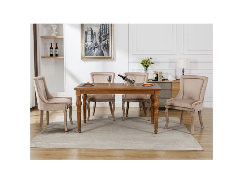 Lot de 4 chaises de salle à manger velours beige capitonné, clous décoratifs, pieds en bois massif, style chic moderne  - Conforama R