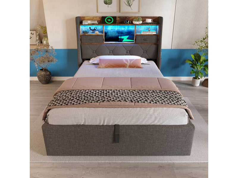  Lit coffre simple 90×200 cm led réglable, rangement, usb et type-c  - sans matelas, tissu en lin gris  - Conforama C