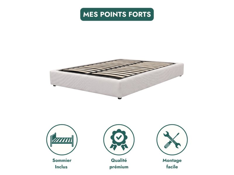 Lit coffre vegas 200x200 cm - tissu mesh 3d blanc - lattes flexibles et grand espace de stockage C02-LTC73 200/200 3DBL - Conforama D