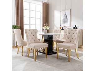 Chaise de salle à manger en velours avec anneau dorsal et pieds en acier inoxydable doré beige