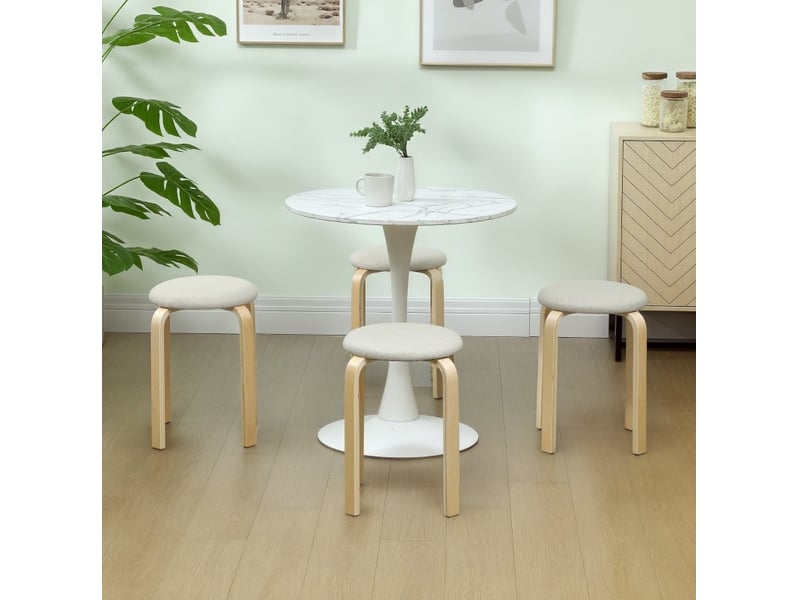  Lot de 4 tabourets de salle à manger empilables, assise rembourrée en tissu effet lin, bois blanc crème  - Conforama E