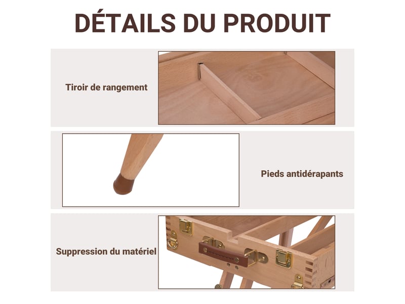  Chevalet d'artiste sur pieds pliable, mallette de peinture, chevalet avec rangement, hauteur réglable, bois de hêtre clair  - Conforama R