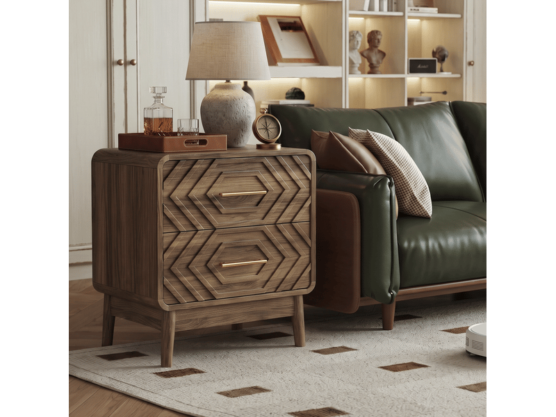  Table de chevet 2 tiroirs, mdf mélaminé marron noyer, 48x38x56 cm  - Conforama W