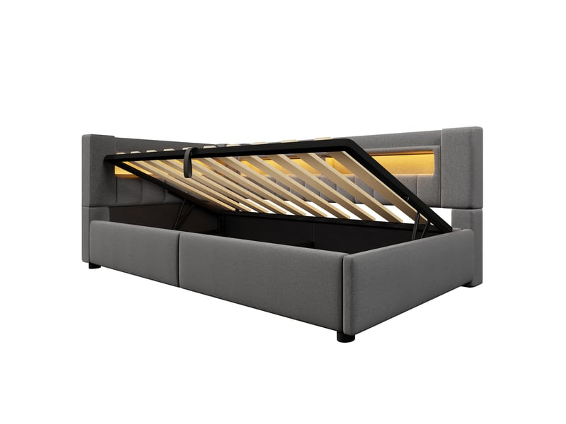  Lit banquette gris 90x200 cm avec coffre hydraulique, led, usbtype-c, lin, minimaliste  - Conforama E