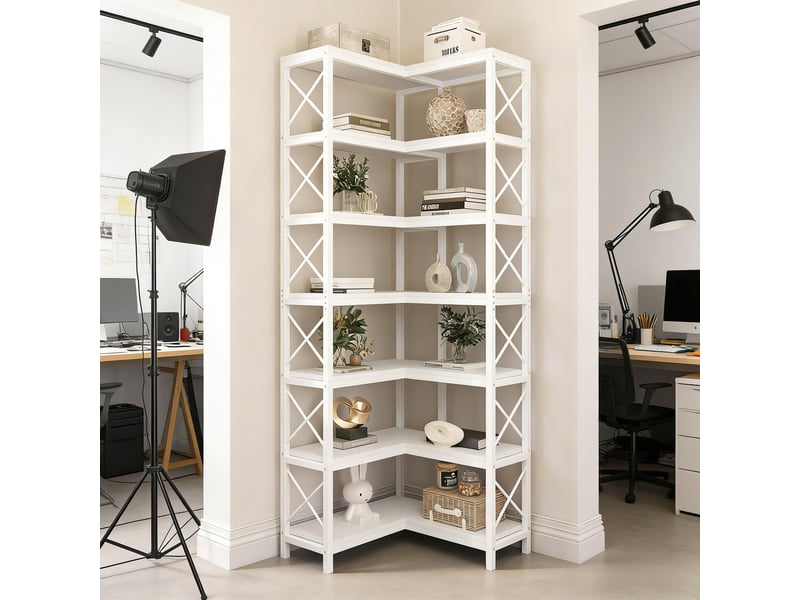  Bibliothèque d'angle 7 niveaux 14 compartiments métal et bois blanc 61x60.5x202 cm T5828P485743 - Conforama E