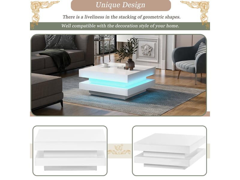  Table basse carrée led bluetooth pour salon 70×70×36 cm en panneaux de particules blanc brillant  - Conforama C