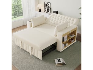 Canapé 2 places, transformable en lit, avec porte-gobelets, avec ports usb, en tissu chenille, coloris beige, l140 x p137 x h84 cm