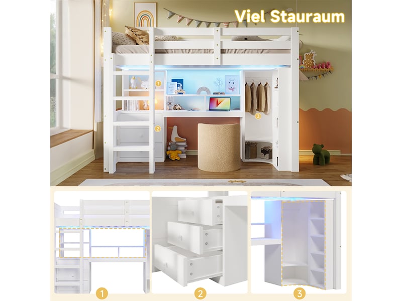  Lit mezzanine 90 x 200 cm, led, armoire, bureau, tiroirs, rangements, blanc, sans matelas  - Conforama D