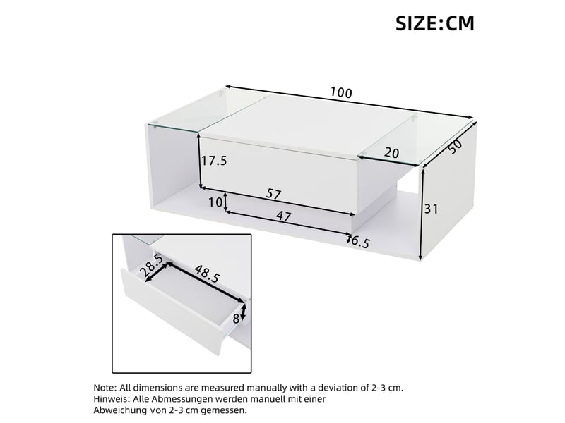 Table basse blanc 100×50×31 cm, table de salon moderne avec éclairage led et tiroir, table d'appoint en verre trempé - brillante  - Conforama F
