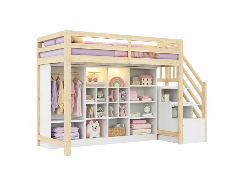  Lit mezzanine en bois 90 x 200 cm avec rangements, armoire, échelle et led, blanc bois  - Conforama A