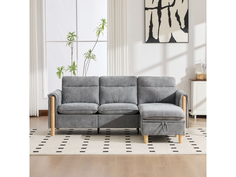  Canapé d'angle forme l style nordique ottoman de rangement poches latérales pieds en bois tissu chenille gris  - Conforama B