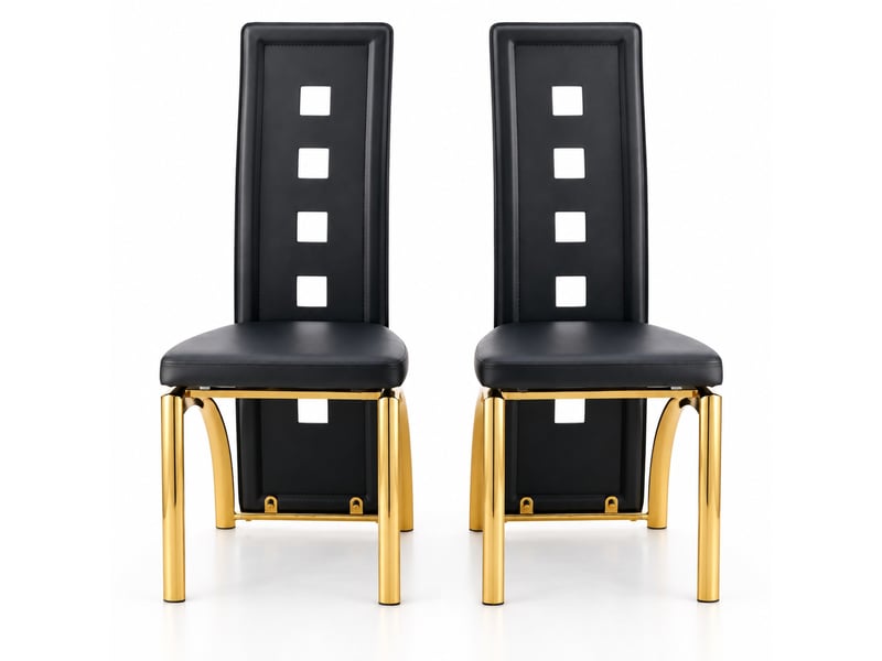  Chaises de salle à manger lot de 2 avec dossier ajouré  - pieds métal doré, simili cuir noir  - Conforama A