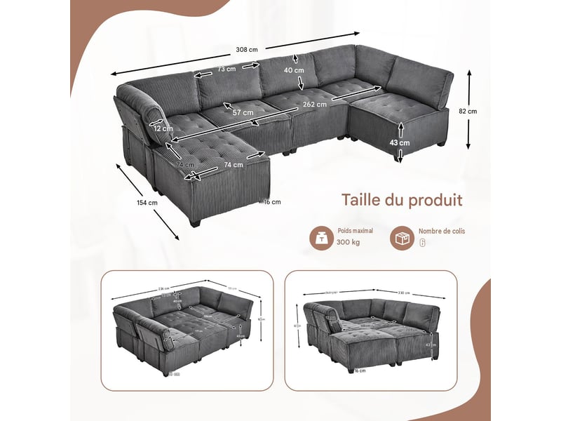  Canapé modulable 6 places en velours côtelé gris W2845S00124 - Conforama C
