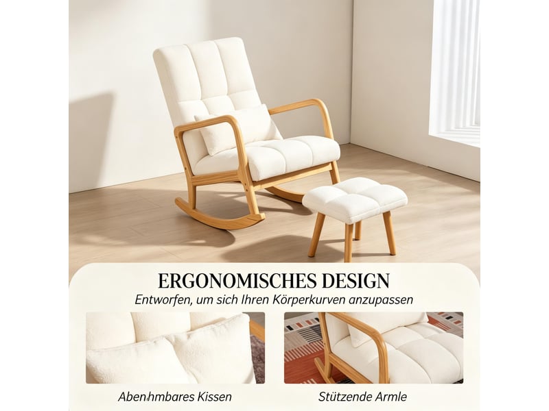  Fauteuil à bascule en tissu bouclé avec repose-pieds, fauteuil à bascule avec pieds en bois robustes pour salon  - Conforama R