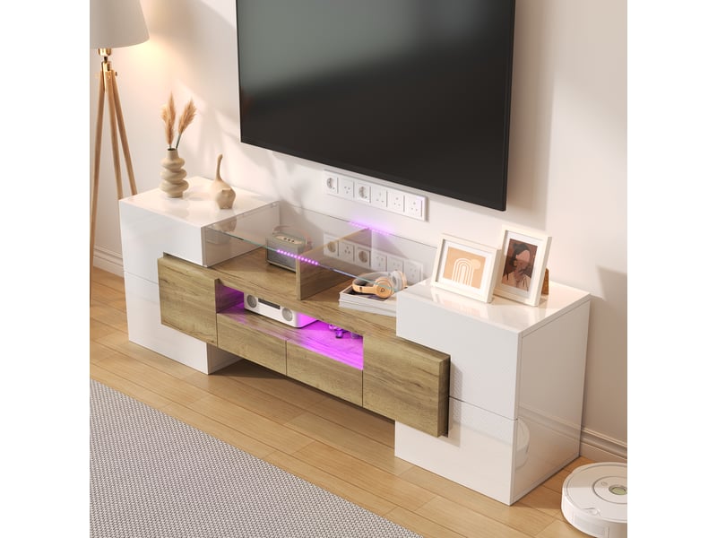  Meuble tv avec 6 portes, 2 tiroirs, 3 niches et led pour salon 145×30×51 cm blanc et doré  - Conforama D