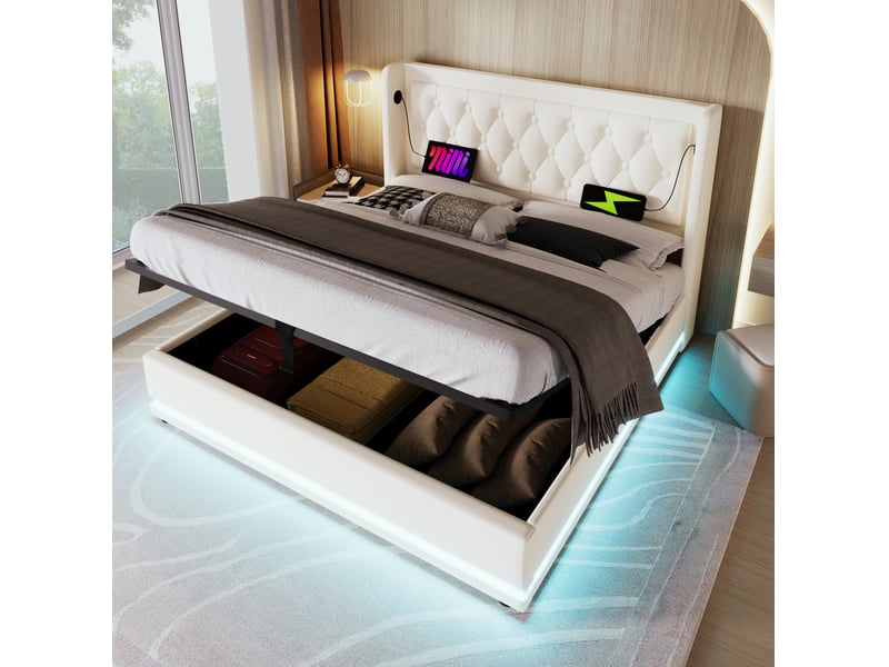  Lit double coffre hydraulique 180x200 cm avec led, usb et usb-c, pu blanc  - Conforama B