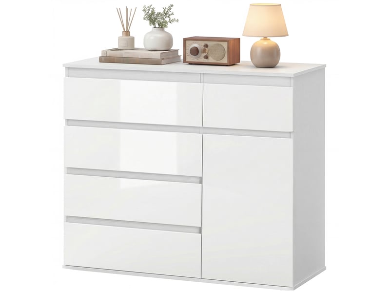  Buffet, meuble à 5 tiroirs, étagère réglable, blanc brillant.  - Conforama B