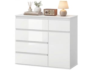 Buffet, meuble à 5 tiroirs, étagère réglable, blanc brillant.