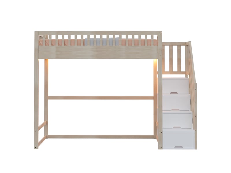 Lit mezzanine enfant 90x200cm, lit simple avec led, barrière, escalier de rangement, bois, couleur naturel, sans matelas - Conforama R