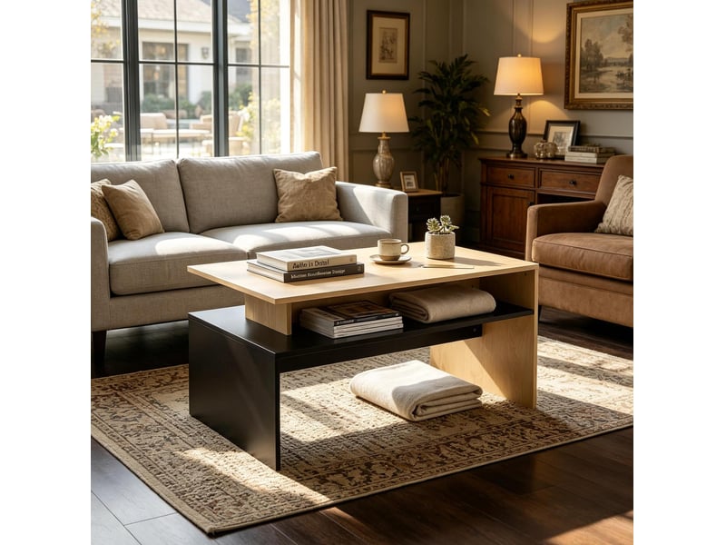  Table basse avec niche ouverte et niveaux décalés, finition bicolore noire et bois naturel, en mdf, 95 × 55 × 50 cm  - Conforama B