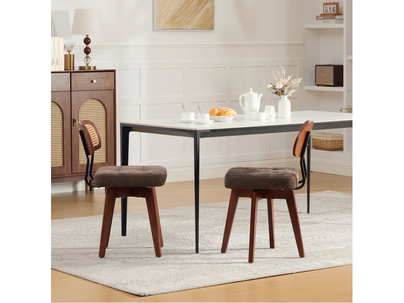  Chaises de salle à manger tcqpz lot de 2 pivotantes 360° dossier en rotin tressé assise chenille marron café  - Conforama E