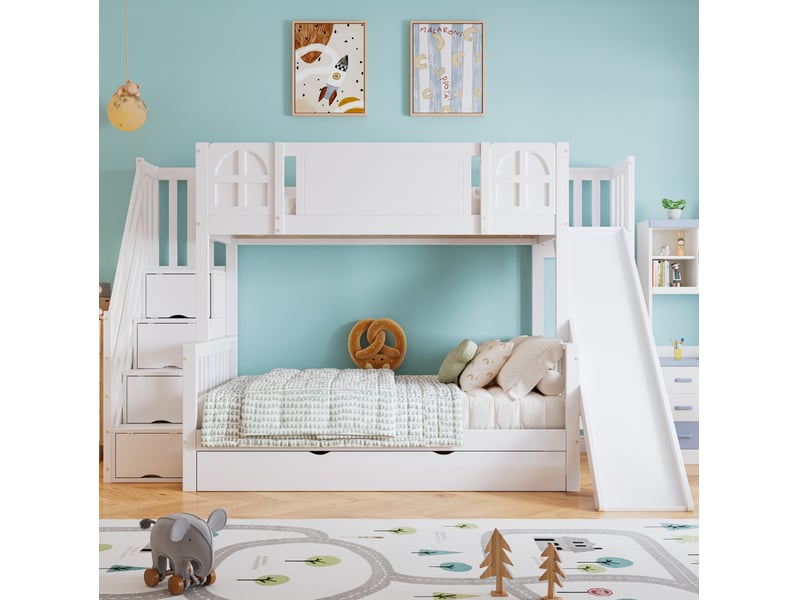  Lit superposé enfant 90x200 et 120x200 cm blanc avec toboggan et rangement  - Conforama B