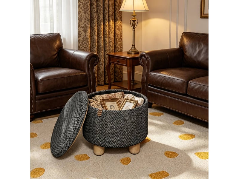 Pouf rond avec rangement et plateau réversible en lin gris foncé - Conforama C