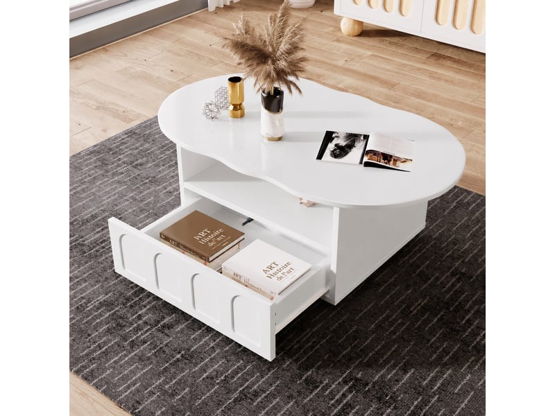  Table basse blanche en forme de nuage avec tiroir et niche ouverte, 100 x 60 x 40,5 cm  - Conforama D