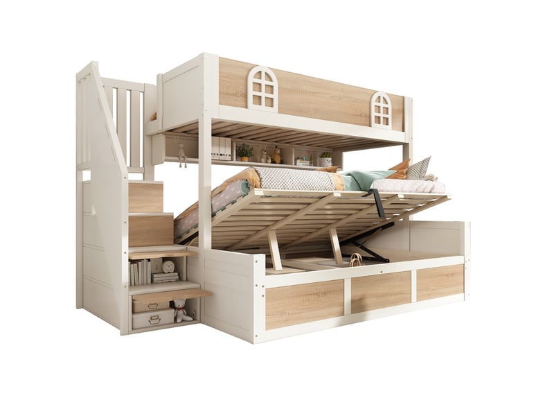  Lit superposé 1 et 2 places 90 × 200 cm et 140 × 200 cm avec coffre, escalier et étagères, sans matelas  - Conforama A