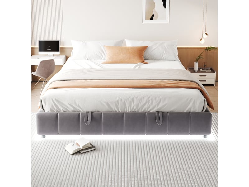  Lit double 180x200 cm, rangement hydraulique sous le sommier, cadre flottant avec led blanche intégrée, sans tête de lit, velours, gris  - Conforama B