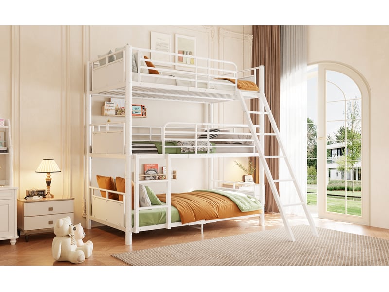 Lit superposé triple 90 × 200 cm, séparable en 3 lits simples, 2 échelles et garde-corps, métal et bois, blanc - Conforama B