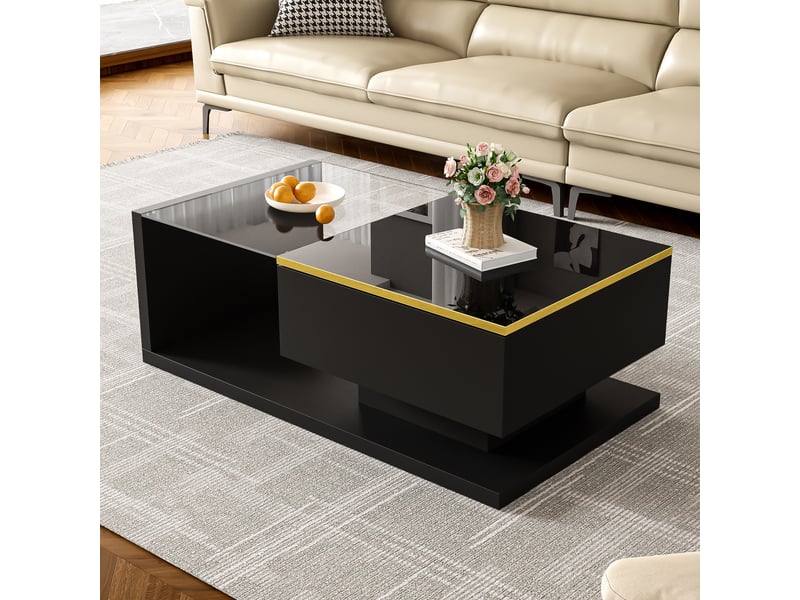  Table basse élégante 90x50x32,5cm , led 16 couleurs, haute brillance, verre+panneaux de particules, noir  - Conforama R