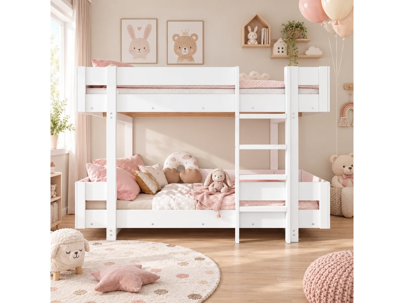  Lit superposé enfant 90x200 cm avec escalier, barrières renforcées, design épuré, sans matelas, blanc  - Conforama E